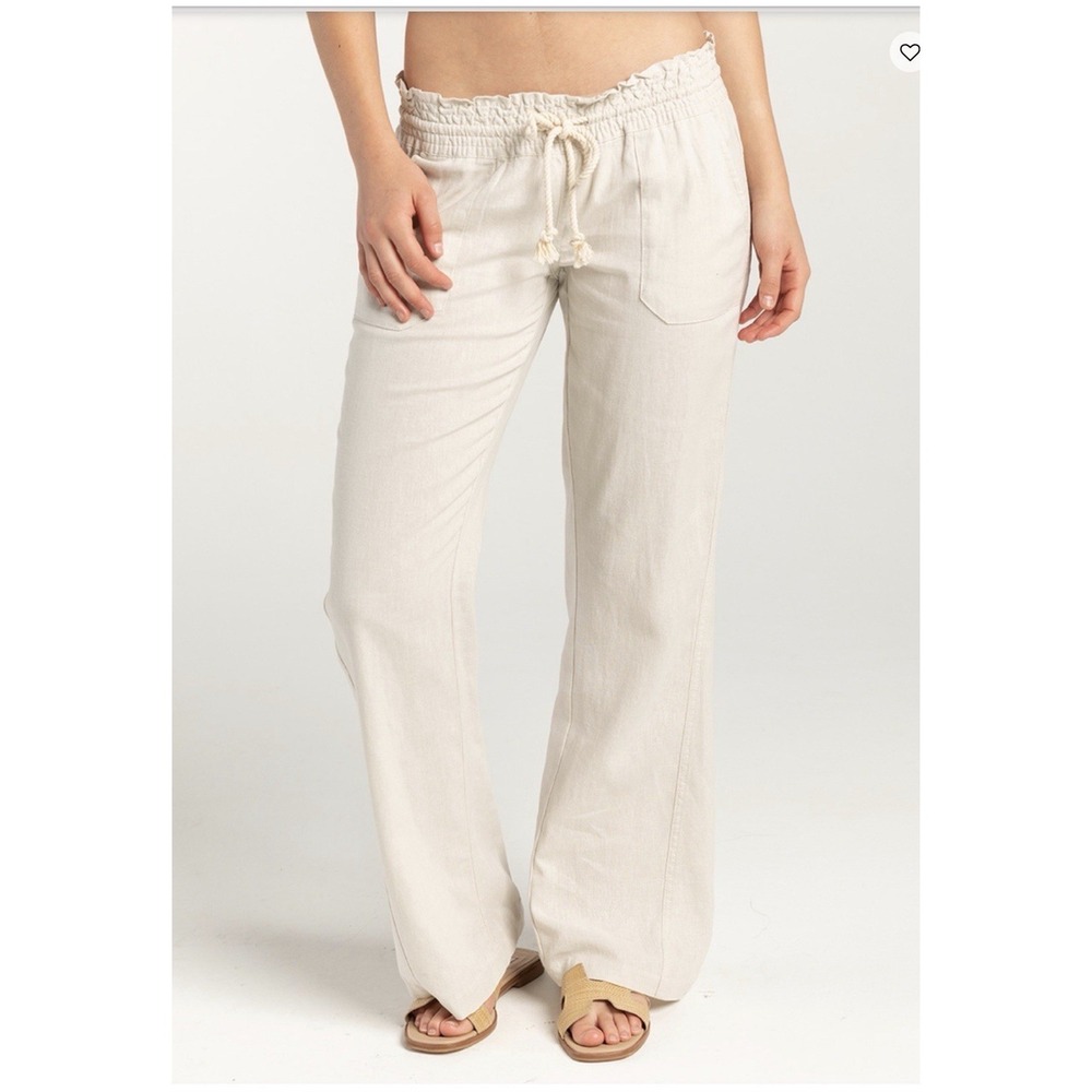 NWT ROXY Women's Beige OCEANSIDE Linen Blend Drawstring Flared Leg Pants Sz M